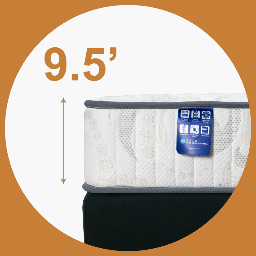 9.5吋床褥設計 Magic三段式獨立袋裝彈簧護脊床褥。9.5吋床褥;消委會推介床褥;三段式分區承托;香港床褥推介;歐化寶